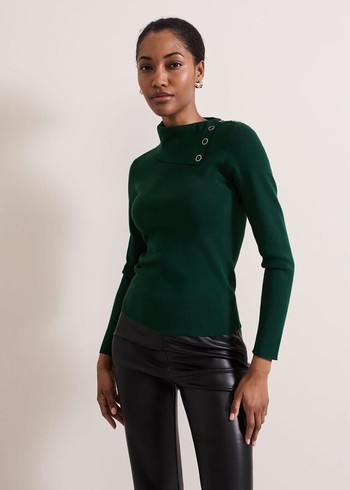 Phase Eight Regina Popper Collar Ribbed Knitwear Green Canada | ZADHMQ-192